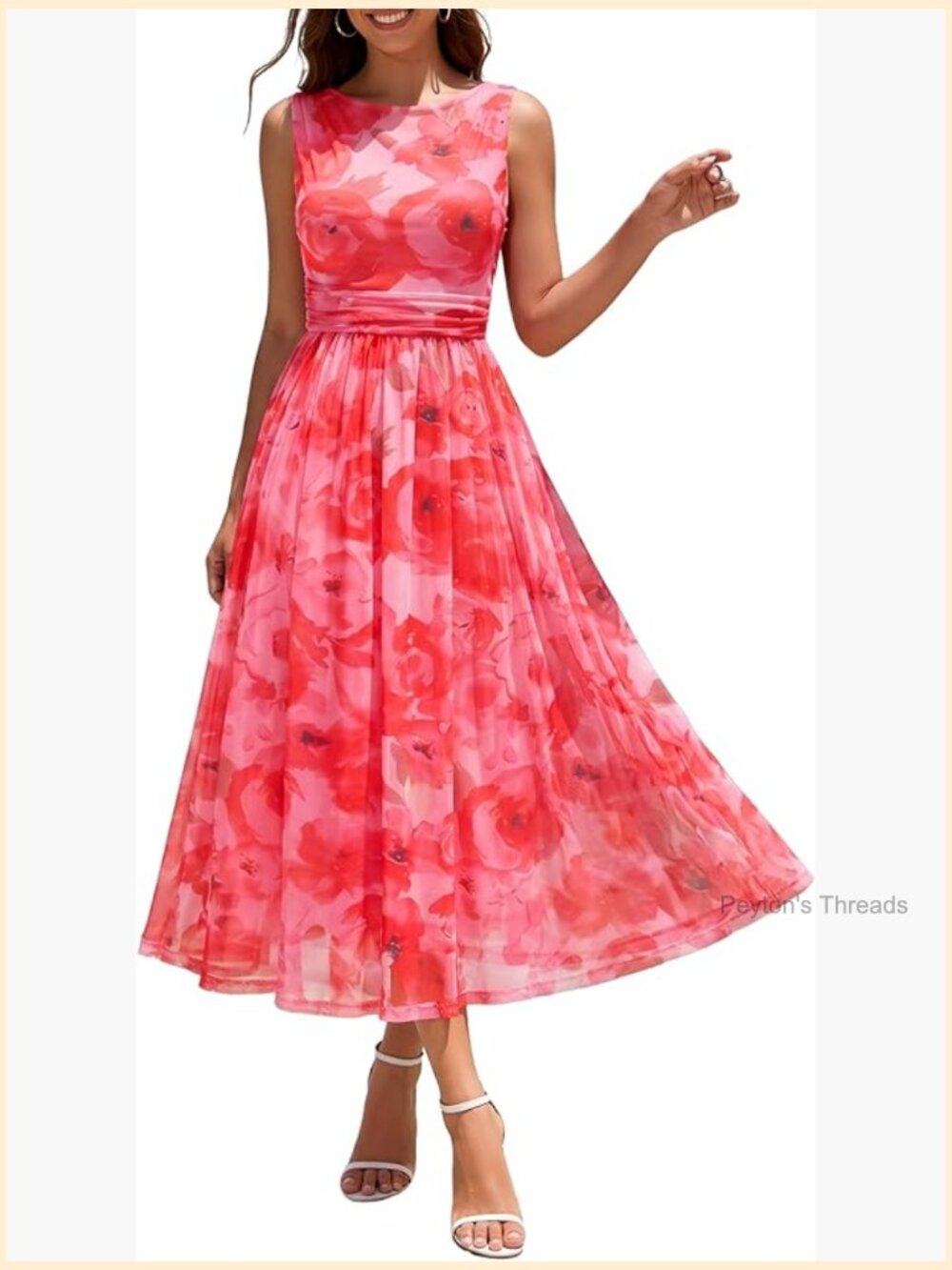 Floral Sleeveless Midi Dress in Pink and Red